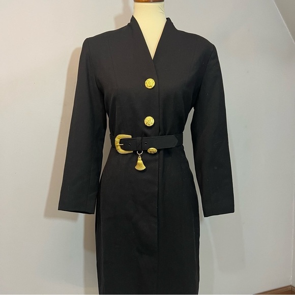 Vintage black long sleeve structured dress bold gold belt ornate buttons retro - Picture 9 of 11